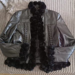 Closet Close-out Mink pom balls Designer Fitelle Leather Jacket & Cache pants